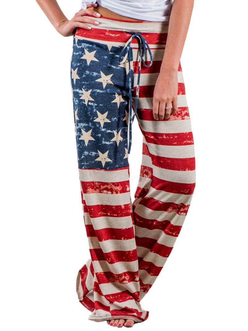 iChunhua Women's American Flag Floral Drawstring High Waist Wide Leg Pants(XL,Multicoloured) - Image 1